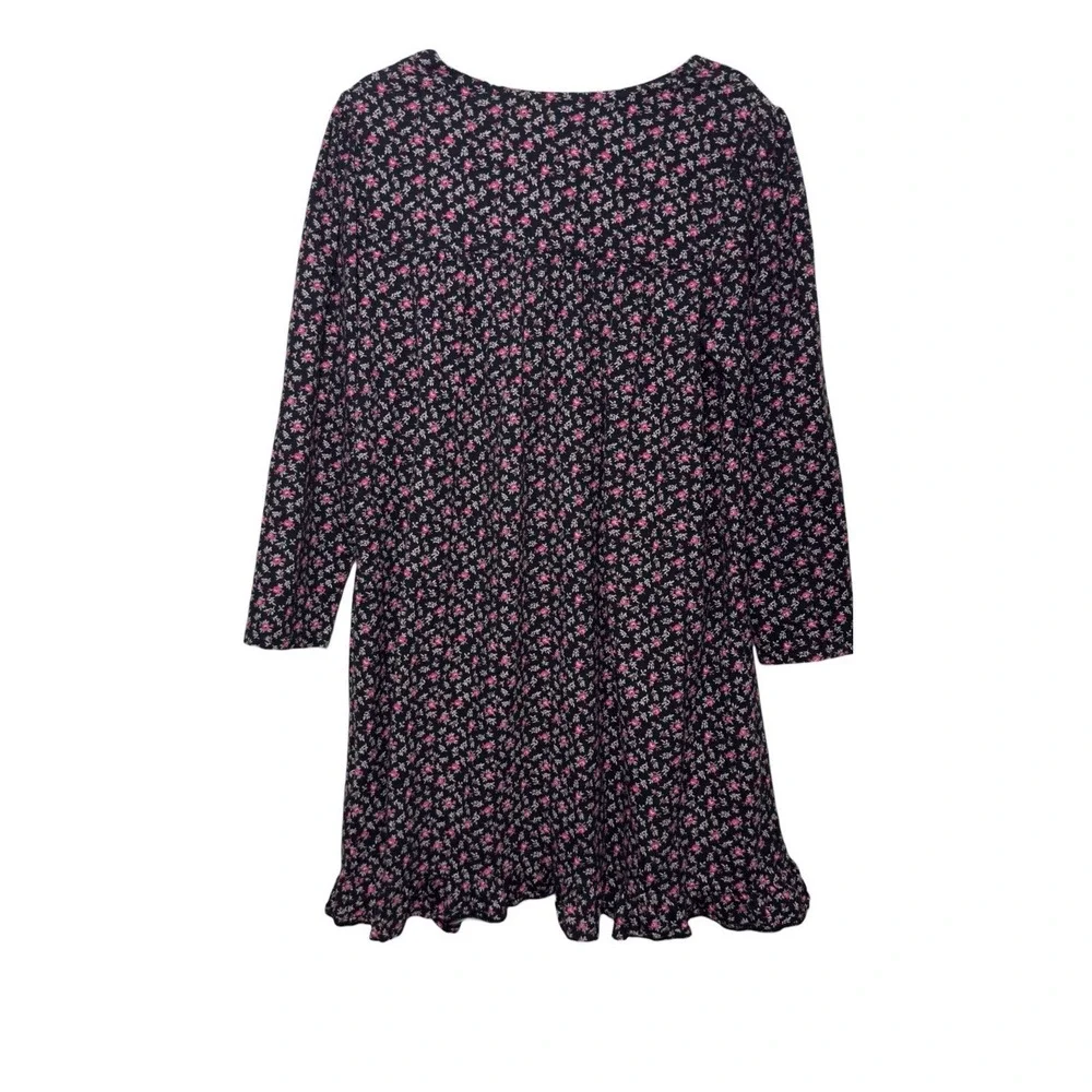 Eileen West Nightgown Womens Large Black Floral Long Sleeve Button‎ Lace Flannel